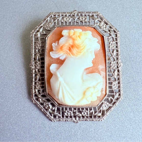 Jewelry - Antique 10k White Gold Carved Cameo Woman’s Profile Filigree Small Brooc…